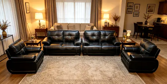 Black Leather 4 Piece Sofa Set with Armchairs — Good Condition