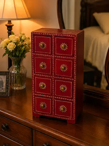 Small Red Decorative Wooden Chest with 8 Drawers