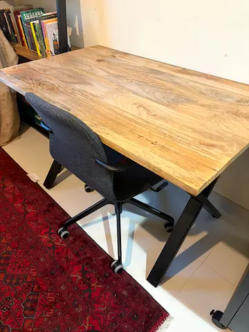 Solid Mango Wood Desk — Black X-Frame Legs + Grey Swivel Office Chair