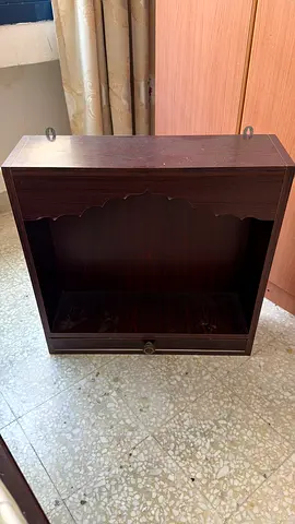 Temple Wall-mounted wooden display shelf with drawer