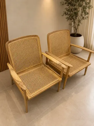 Zara home Pair of Wooden Armchairs with Rattan Woven Seats and Backs
