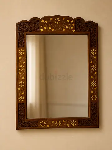 Hand-carved Wooden Wall Mirror with Inlay Details