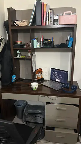Dark Wood Study Desk with Shelves and Drawers - Good Condition
