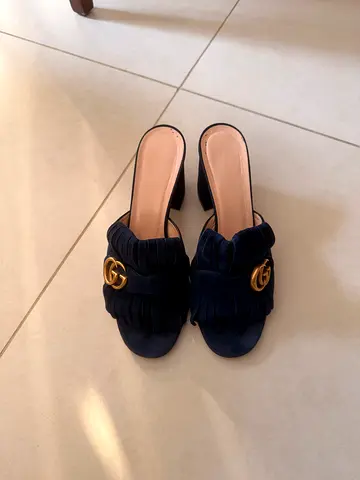 Gucci Blue Suede Leather GG Marmont Fringe Block Heel Mules