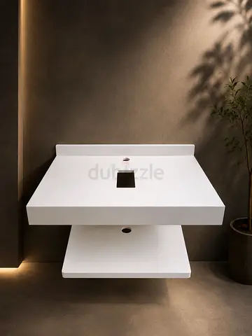 Modern Wall-Mounted Bathroom Vanity Basin (White Solid Surface)