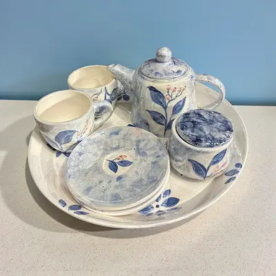 Handmade Blue Floral Ceramic Tea Set with Tray