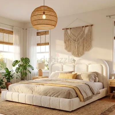 Split headboard beige Boucle thick super king bed
