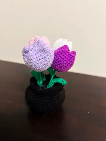 Handmade Crocheted Tulip Bouquet in Small Black Pot
