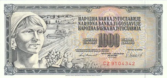 YUGOSLAVIA 1000 DINARA BANKNOTE 1981