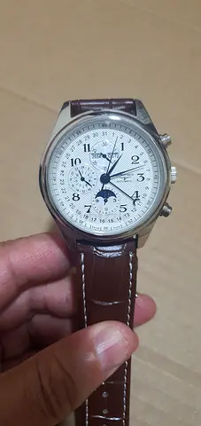Mens stainless chronograph wristwatch with moonphase, brown leather strap
