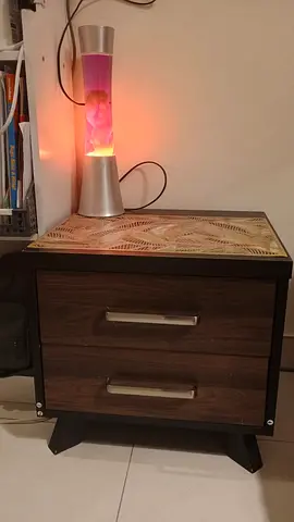 Wooden 2-Drawer Bedside Table - Good Condition with Lava Lamp