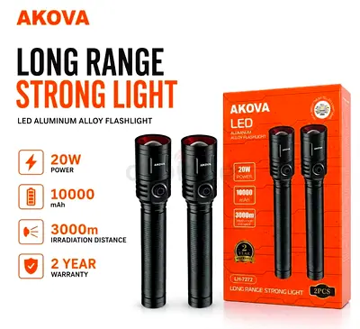 AKOVA Long Range LED Flashlight 20W (2 Pack), 10000mAh