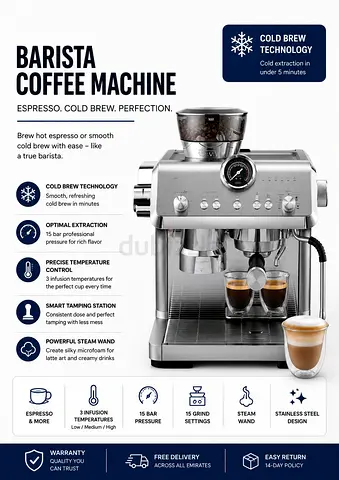 Delonghi Barista Espresso Cold Brew Coffee Machine — 15 Bar, Steam Wand