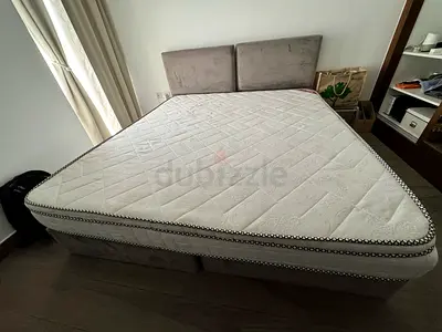 King-size upholstered bed frame with mattress - good condition and one IKEA chair