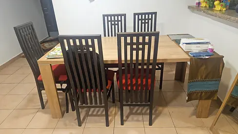 Solid Wood 6-Seater Dining Table with High Back Chairs. 180x90x75 cm