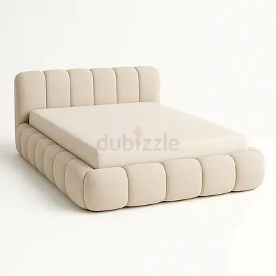 Beige Upholstered King Bed Frame with Padded Headboard
