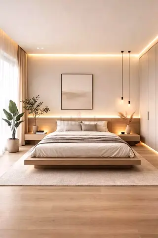 Minimalist low platform wooden bed with integrated nightstands