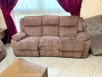 3-Seater Recliner Sofa (Qty 2) in Brown Microfiber - Comfortable, Good Condition.