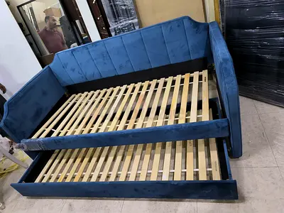 Blue Velvet Fabric day Bed Frame with Trundle/Slatted Base - Good Condition