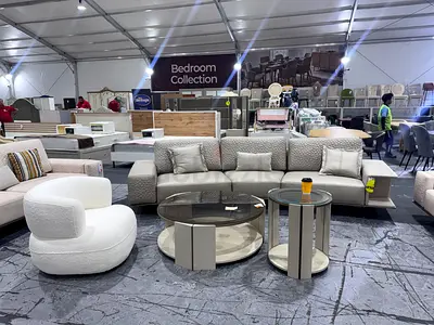 Modern 4-Seater Fabric Sofa with Accent Chair and Coffee Tables - Grey