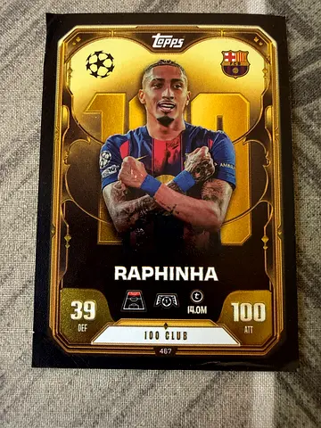 Topps Raphinha 100 Club Gold Football Trading Card (Barcelona) - Single Card