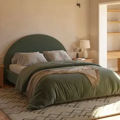 Green Upholstered Bed Frame with Rounded Headboard - Queen Size
