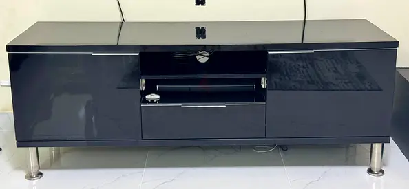 Glossy Black TV Entertainment Unit with Storage and Cable Management