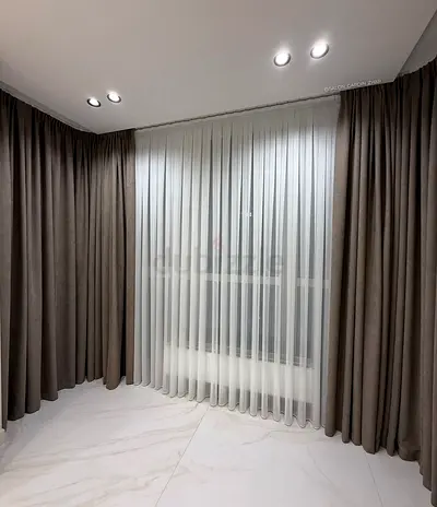 Pair of brown blackout curtains with white sheer voile panels - ready to fit