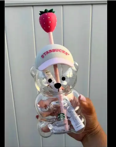 Starbucks Bear-Shaped Glass Bottle with Decorative Straw - Good Condition