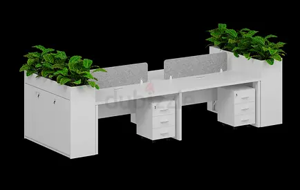 White Four Person Face To Face Workstation With Side To Side Planter Box
