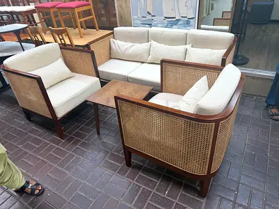 Modern Rattan and Wood Sofa Set with Coffee Table