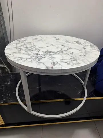 Round Marble-Top Coffee Side Table with Silver Metal Frame