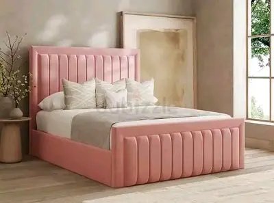 Modern Pink Upholstered Bed Frame with Ribbed Headboard