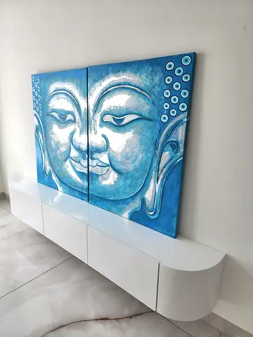 Blue Silver Buddha Paintings with Nazar Eye protection -2 pieces each 75x100cm