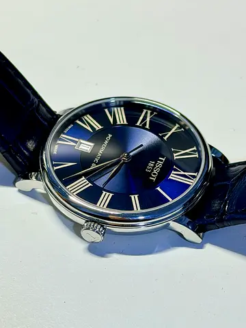 Original Tissot Tradition blue dial mens wristwatch, leather strap