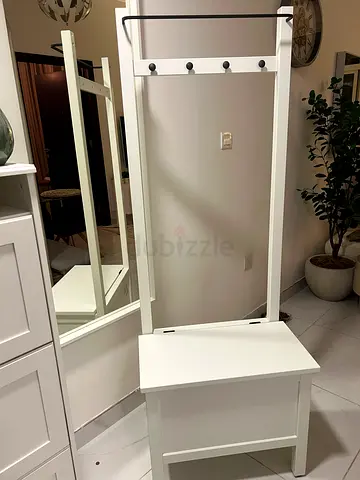 White Entryway Coat Rack and Storage Bench