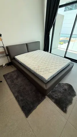 COMPLETE KING BED Gray Faux Leather w headboard, mattress, pillow, duvet  - Excellent Condition