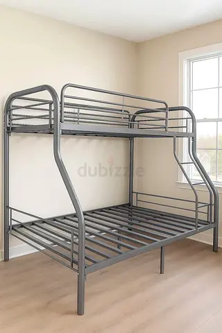 Metal Bunk Bed (Double Base, Grey) - Sturdy Frame, Good Condition