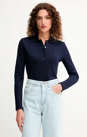 Lacoste long-sleeve polo shirt in navy blue features a classic slim fit design and a textured pique