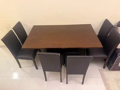 Solid Wood 6-Seater Dining Table with Chairs - Dark Brown