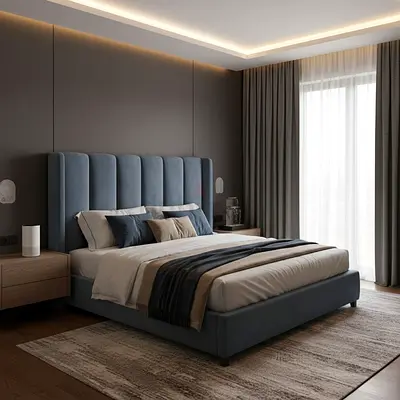 Modern Blue Upholstered Bed with Tall Ribbed Headboard
