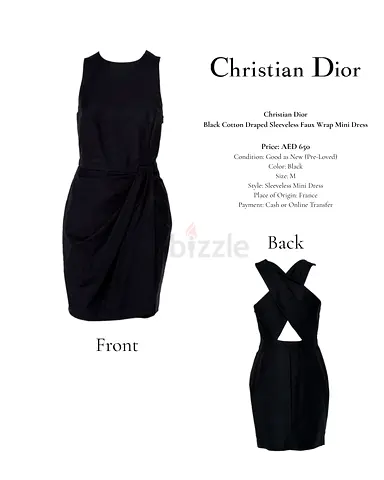 Christian Dior Black Cotton Draped Sleeveless Faux Wrap Mini Dress - Size M