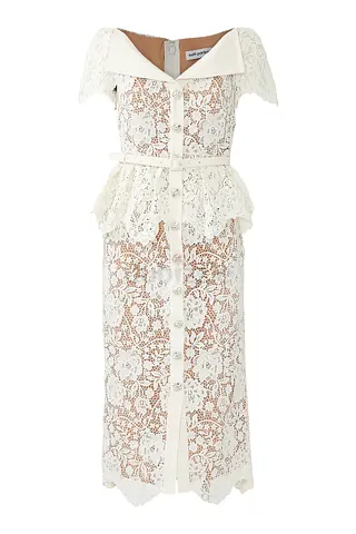 SELF-PORTRAIT Cream Lace Peplum Midi Dress Size 10