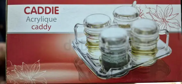 Acrylic Condiment Caddy with 4 Jars - Brand New. In Box. Unopened