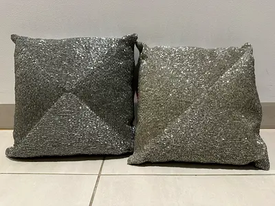 Pair of Silver Shimmer Beads Decorative Throw Cushions (30cm x 30cm)
