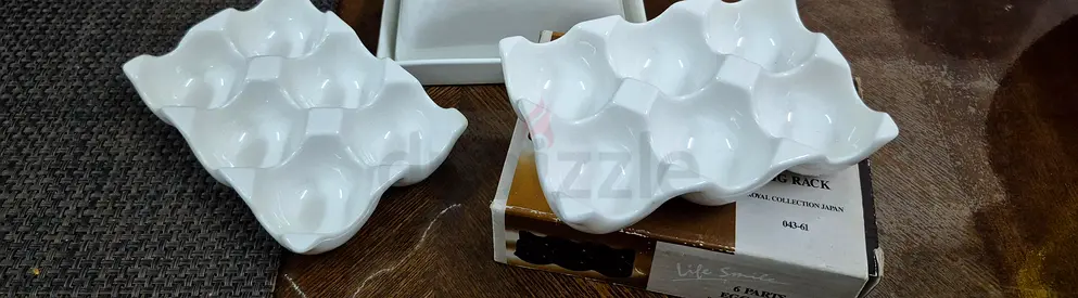 Set of 2 White Ceramic 6-Egg Serving / Storage Trays