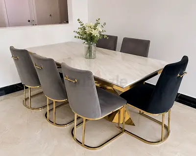 Marble-top dining table with 6 velvet chairs (gold frame)