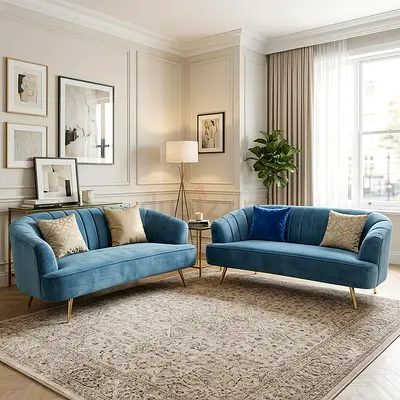 Pair of Blue Velvet Sofas - Modern 3+2Seater Set