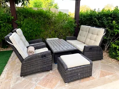 Reclining Outdoor rattan lounge set 2-seater + recliners + ottoman + table