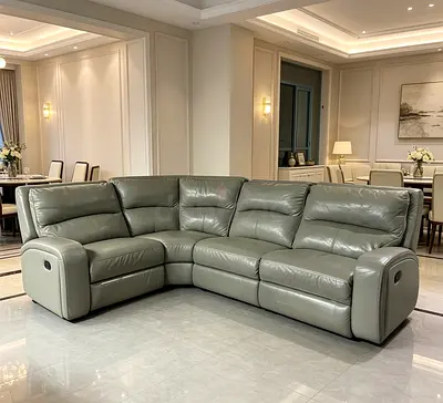 Genuine Leather Grey Curved Reclining Corner Sofa - Excellent Condition